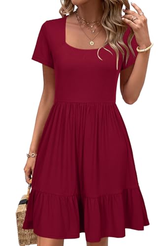 Image of Newshows Women's 2026 Summer Casual Square Neck Ruffle A Line Beach Vacation Sundress Work Business Dress with Pockets