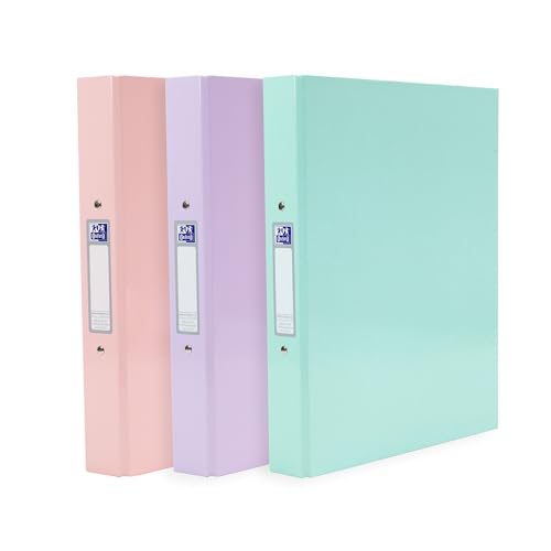 Oxford A4 Ring Binders, 3 Pack of Glossy Pastel Folders, Laminated Paper-on-Board, 40 mm Spine, Pink, Lilac & Mint