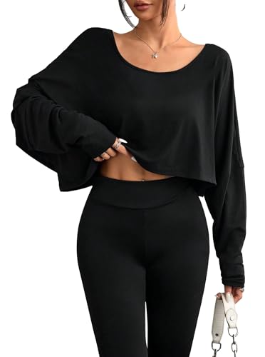 Remidoo Womens Batwing Long Sleeve Crop Top Crewneck Oversized Tshirt Casual Loose Shirt4
