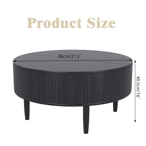 Image of Round Fluted Lift Top Coffee Table with Storage, Mid Century Modern Coffee Table for Living Room, Home Small Space,31.5 inch Fluted Center Table (Black, 31.5inch)