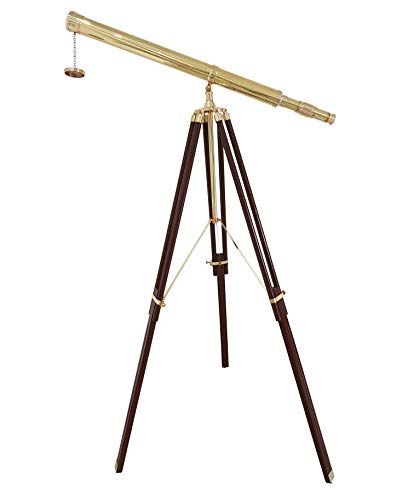 Nautical Floor Standing Brass Telescope Single Barrel W/Brown Wooden Tripod Stand Home Decor Griffith Scope Maritime 65" Removable Brass Cap W/Chain #TOP7