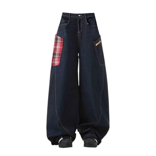 Men's Niche-Designed Jeans with Patchwork Check Patterns, Featuring a Loose fit and a Retro and Casual Style.