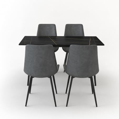 Image of Eclipse Four Seater Faux Marble Dining Set | 15mm Sintered Stone Dining Table | Upholstered Metal Chairs | Galaxy Black (DIY Assembly)