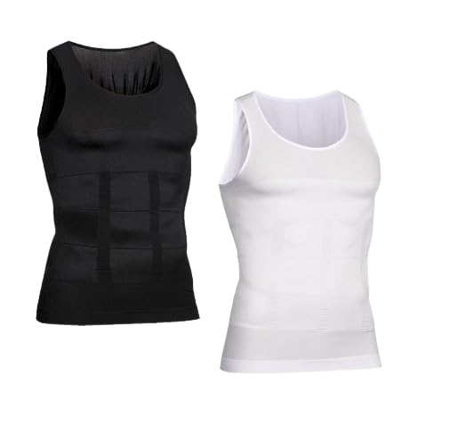 Men Black White Shirt Slimming Body Shaper Vest Tummy Control Shapewear Undershirt Gym Workout Tank Top - XL-image-34