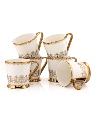 Image of Clay Craft Fine Ceramic Gold Printed Tea /Coffee Cup Set of 6-200 ml Each (Ebony E699), Tea Cup Set of 6, Mugs for Coffee, Cups Set of 6, Mug Set, Ideal for Gifting, Perfect for Home and Office