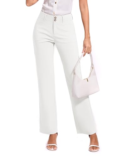 KICZOY Women's Stretch Business Straight Leg Dress Pants with Pockets Wear to Work Casual Suitpants White