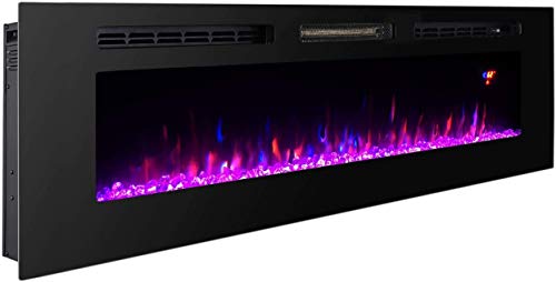 3GPlus 60 Inches Electric Fireplace Wall Recessed Heater Crystal Stone Flame Effect 3 Changeable Color, 2 Remotes, 1500W - Black