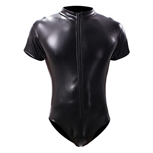 1 ONEFIT Men's Zipper Faux Leather One-piece Short-sleeved Shirt Patent Leather Jumpsuit Shopee