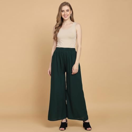 Image of FASHION GALLERY Women's Solid Rayon Palazzo Pants | Relaxed Fit Full Length Wide Leg Palazzo | Elastic Waist Comfortable Casual Lounge Office Ethnic Flared Trousers for Women