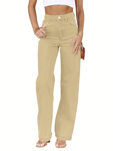 cffvdiz Wide Leg Jeans de Las Mujeres de Cintura Alta Casual Holgado Pierna Recta Pantalones de Mezclilla,Caqui,XXL