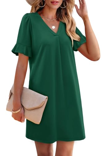 Image of OFEEFAN Summer Dresses for Women Ruffle Short Sleeve V Neck Casual Shift Dress with Pockets