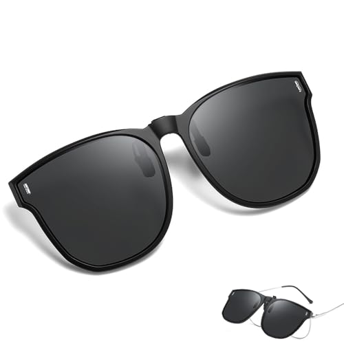 Wnddle Clip Gafas de Sol polarizadas Lentes, de Gafas de Sol de Clip en Flip Up Lente Polarizadas Hombres Mujeres, UV400, para Fiestas, Conducir, ir de Compras, Montar en Bicicleta, Viajar (Negro)