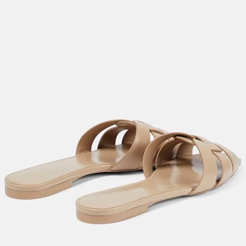Image of THESHY Women's Flat Sandals Square Toe Patent Leather Comfortable Slip on Slippers Casual Summer Dressy Beach Slide Sandals for Women