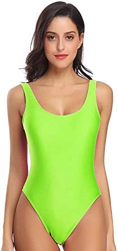MIAIULIA Women's Retro 80s/90s Inspired High Cut Low Back Padding One Piece Swimwear Bathing Suits Fluorescent Green S