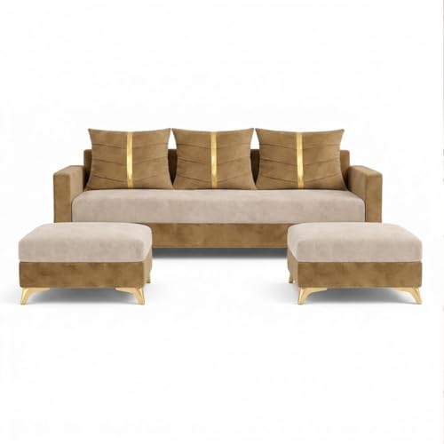 Image of Caviar Plush Comfort Sofa Set | 3 Seater with 2 Ottomans | Luxury Velvet Suede Fabric | Modern Living Room Sofa | Cream - Beige