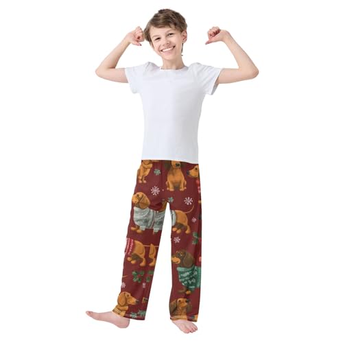 Xmas Snowflake Dachshund Boys Long Pants Soft Trousers Elastic Waist Kids Lounge Bottoms with Pockets S-XL3