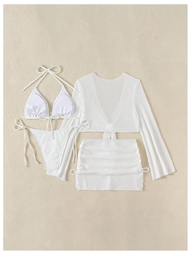 SHENHE Women's 4 Piece Swimsuit Fishnet Triangle Halter String Bikini Set with Cover Up Top Skirt3