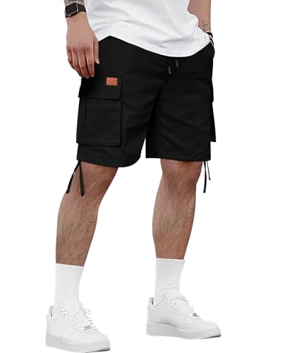 HMIYA Kurze Hosen Herren Cargo Shorts Sommer Freizeithose Baumwolle Cargohose Herren Kurz mit 6 Taschen(Schwarz EU-XL)