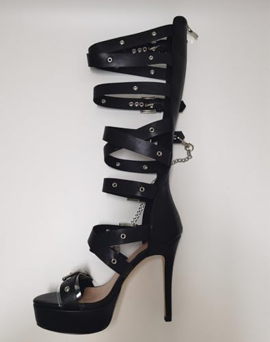 richealnini Knee High Eyelets Belt Strap Buckle Heels Gladiator Sandals with Chain Platform Strappy Stiletto High Heels2
