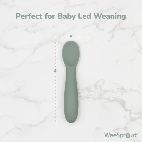 WeeSprout Baby Spoons for Self Feeding 6 Months +, Soft & Durable Silicone Utensils for Sensitive Gums & Teeth, Easy Grip Handles & Shorter Length for Little Hands, 3 Pack + Carrying Case