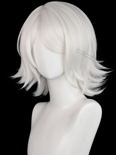 Image of Half and Half Short White Anime Wig for Juuzou Cosplay Male Silver White Layered Wig with Side Part Bangs for Women Men Unisex Halloween Party