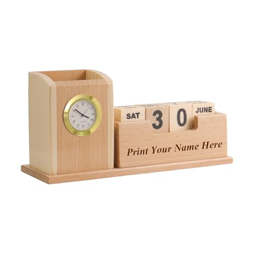 Image of SHIVOM CRAFTS Wooden Desk Organizer with Clock and Calendar, Pen Stand, Mobile Phone Holder with 2 Compartments for Home and Office - Customized, Personalized Gift, Get Your Name Printed