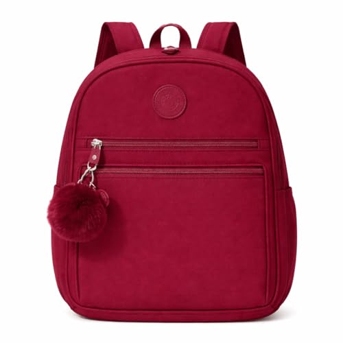 Mochila Pequena Feminina em Tactel com Pompom Premium Impermeável, Leve e Resistente, Design Moderno com Zíper Reforçado, Mochilinha de Nylon Resistente a Água (Vermelha)