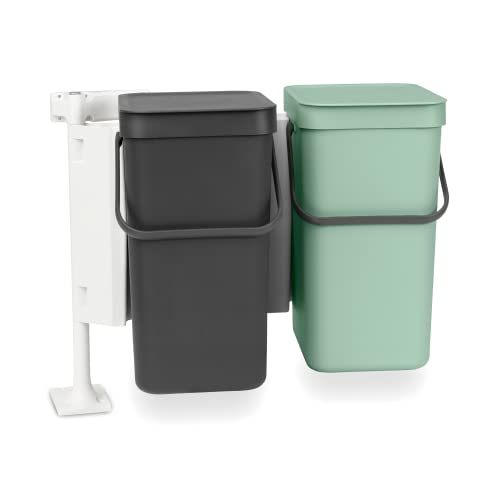 Brabantia - Cubo de Basura Sort & Go 2x12L - Papelera Empotrada Doble - Tapa en Posición Abierta - Asa de Transporte - Fácil de Limpiar - para Debajo de la Cocina - Grey/Jade Green - 52 x 35 x 43 cm