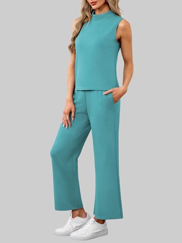 Women's Summer 2 Piece Outfits Mock Neck Tank Top Cropped Wide Leg Pants Lounge Sets 2025 Fashion Tracksuit3