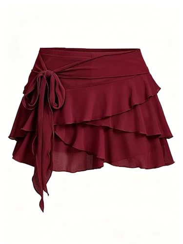 EnchantingEssence Womens Mini Ruffle Skirt Y2K Cute Mesh Flowy Pleated Layered Skort with Shorts for Casual Party (Burgundy/Wine Red Medium)