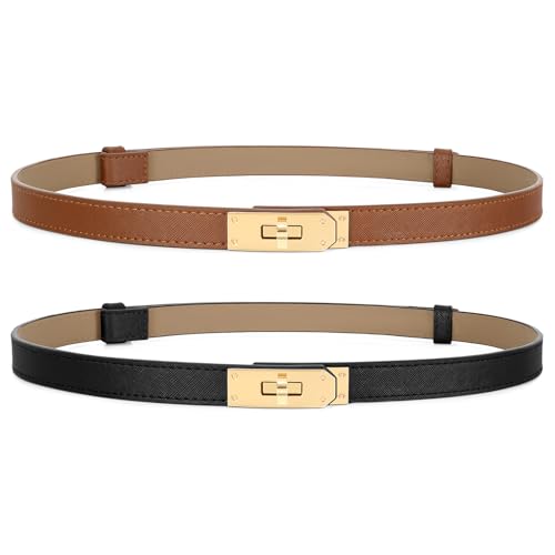 Women Skinny Leather Belt for Dresses Jeans Solid Color Alloy Turn Lock 2 Pack