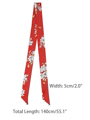 Women Floral Satin Scarves, Square Silky Neck Scarf Neckerchief, Skinny Long Ribbon Hair Band3