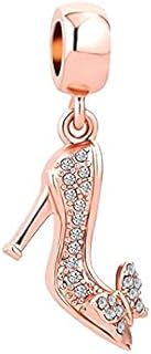 KunBead Jewelry Rose Gold Tone High Heel Shoe Crystal Butterfly Women Girls Dangle Charms Compatible with Pandora Bracelets Necklace
