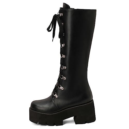Image of Parisuit Women's Knee High Goth Platform Boots Lace Up Combat Boots | Chunky High Heel, Buckle Boots, Punk Chain Boots