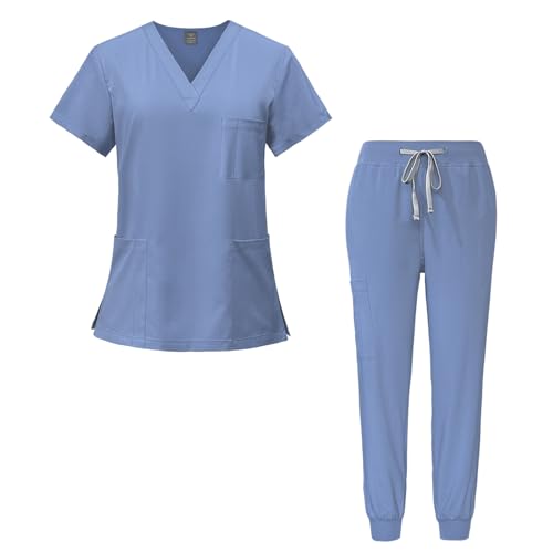 Meichoon Set de uniformes médicos para mujer con blusa y pantalón de secado rápido ultrasuave y elástico, cuello en V y 3 bolsillos DK05 Light Blue X-Grande