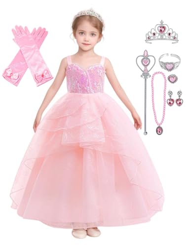 Girls Princess Dress Set with Pink Sequin Layered Tulle Ball Gown Long Gloves Tiara Jewelry for Kids
