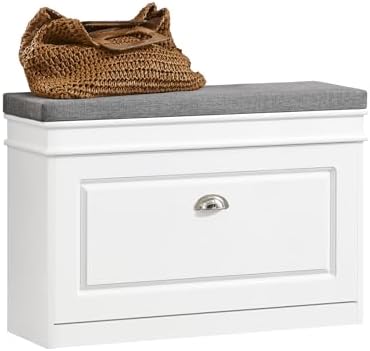 SoBuy Small Shoe Storage Bench, Narrow Shoe Cabinet for Entryway, Shoe Rack with Cushion&2 Tiers Flip-Drawer, Closet Hallway Mudroom White FSR82-L-W