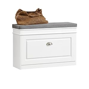 SoBuy Shoe Cabinet Bench Narrow Shoe Storage Cabinet for Entryway – Flip Drawers Wooden Shoe Organizer, Space Saving Shoe Rack Cabinet, Modern Narrow Shoe Cabinet with Padded Cushion Bench