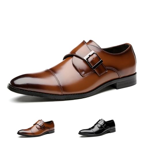 Men's Leather Buckle Monk Strap Loafers Fashion Classic Cap Toe Low Top Comfortable Slip-On Dress Oxfords Business Casual Party Office Formal Shoes
