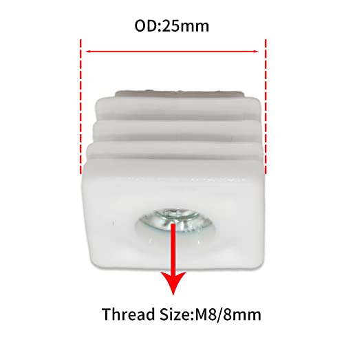 Image of Flyshop White M8 Threaded Plastic Plugs Square Tube End Caps Tubing Plugs Inserts Furniture Glider 25 mm x 25 mm 4 Pcs