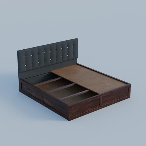 Image of Sheesham Wood Queen Size Bed with Storage Box | Upholstered Beds | Platform Cot with Cushioned Headboard | Double Bed for Home | Recommended Mattress 78x60 Inch | Dark Grey & Walnut Finish