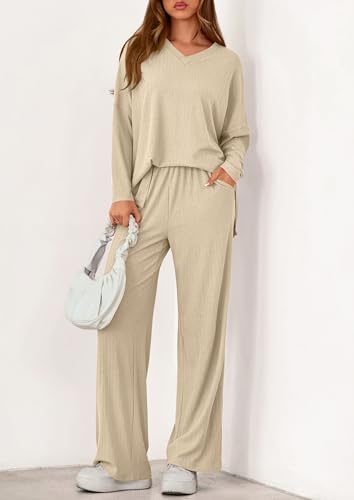PRETTYGARDEN 2 Piece Lounge Sets for Women Fall Outfits 2025 Casual Loose Long Sleeve Tops Wide Leg Pants Matching Pajama Set