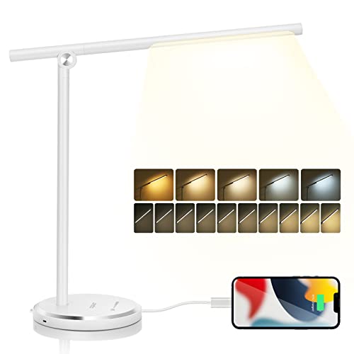 Aigostar Lámpara Escritorio LED,8W Flexo LED Escritorio con Puerto de Carga USB,Recargable,Regulable Lampara LED,Control Táctil, 10 Niveles Brillo 5 Modos,para Infantil,Lectura,Blanco(3000K-6000K)