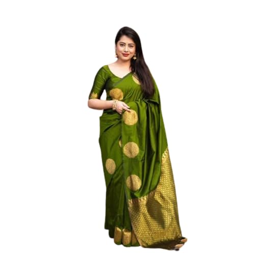 Flosive Women's Kanjivaram Pure Zari Woven Soft Silk Saree With Blouse Piece And Gold Zari Boder (Parrot)