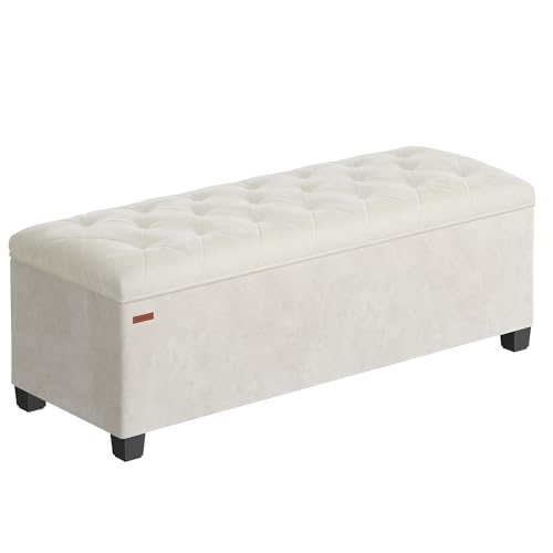 SONGMICS Cassapanca, Pouf Contenitore, Poggiapiedi 40 x 110 x 39 cm, Ottomano con Gambe in Legno, Regge fino a 300 kg, per Soggiorno, Camera da Letto, Dormitorio, Bianco Crema LSF089W01