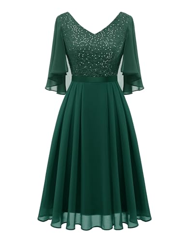 Dressystar Damen Glitzer Kleid Elegant Hochzeit Cocktailkleid mit Pailletten Chiffon Ärmel Festlich Abendkleid Knielang Dunkelgrün XL Dressystar Damen Glitzer Kleid Elegant Hochzeit Cocktailkleid mit Pailletten Chiffon Ärmel Festlich Abendkleid Knielang Dunkelgrün XL