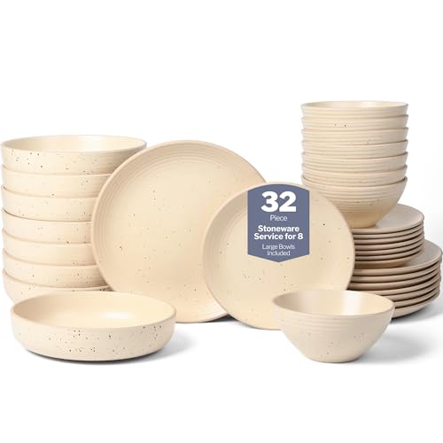 Image of Stone Lain Lauren Modern Stoneware 32-piece Round Dinnerware Set, Plates and Bowls Set, Dish set for 8, Beige