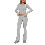 hixswnu Damen 2 Stück Lounge Sets Fold-Over Flare Hosen Set Langarm Cropped Top Casual Outfits Pyjamas,Grau,S