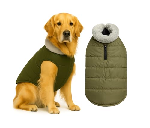 Image of The Pets Company Dog Winter Coat Jacket, Windproof, Waterproof, Light Weight, Washable, Ultra Warm Thick Fleece Lined Dog Vest for Cold Weather Protection, (Military Green, Large - 26 Inch)