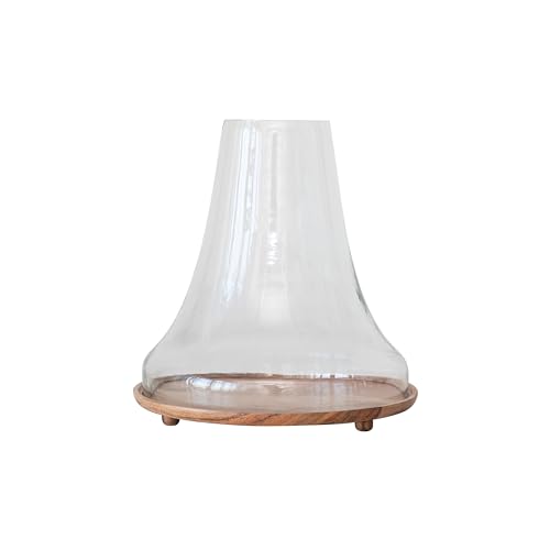 Creative Co-Op Reclaimed Glass Cloche with Mango Wood Base, Natural,